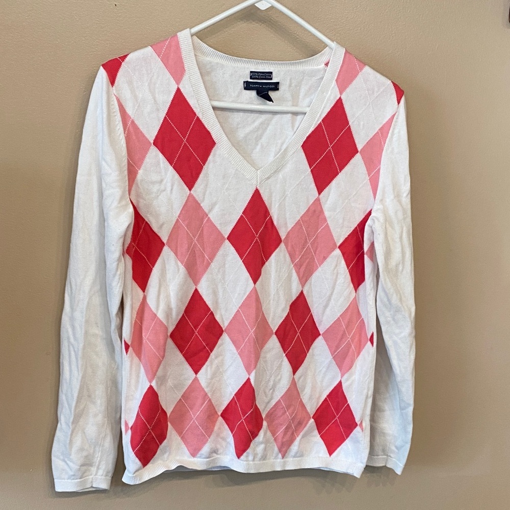 Tommy Hilfiger Argyle V-Neck Long Sleeve in Red and Pink